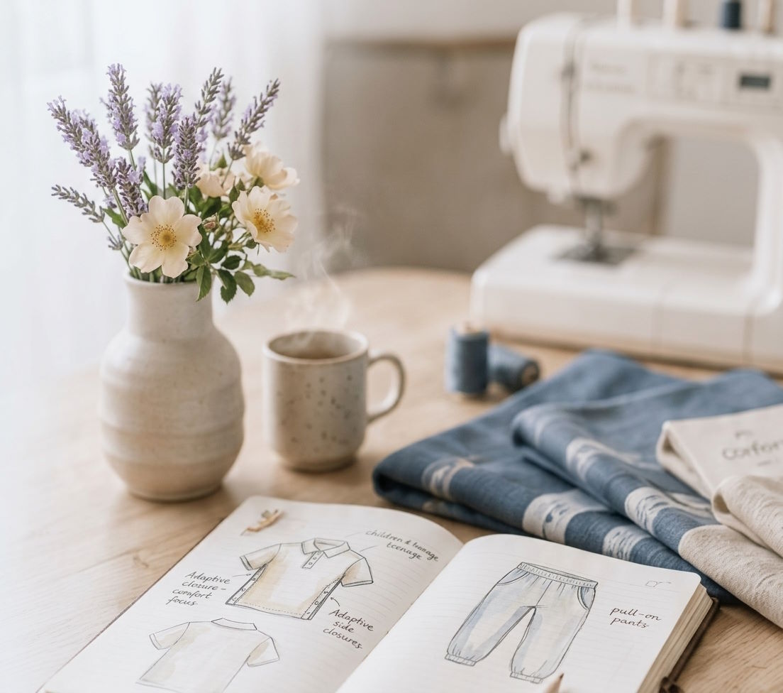 Carnet de croquis et matières dans un atelier de couture